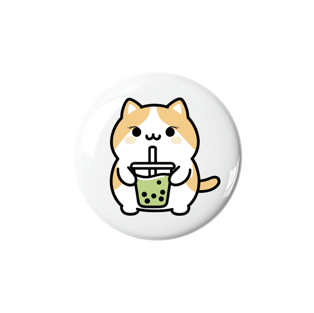 Circular badge with a cartoon cat holding a bubble tea on a white background